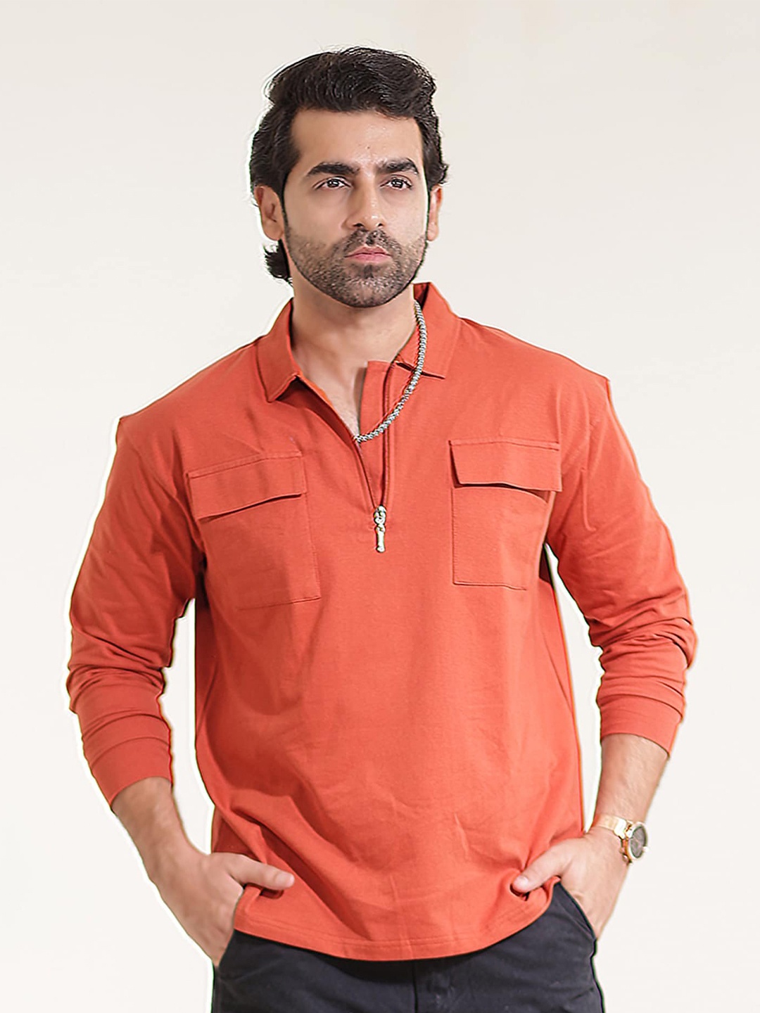 

Maniac Shirt Collar Pockets Cotton Regular Fit T-shirt, Rust