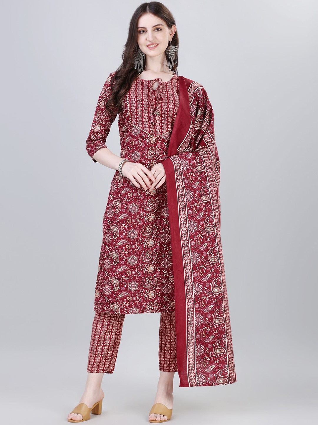 

Modestouze Attires Floral Printed Gotta Patii Kurta With Trousers & Dupatta, Maroon