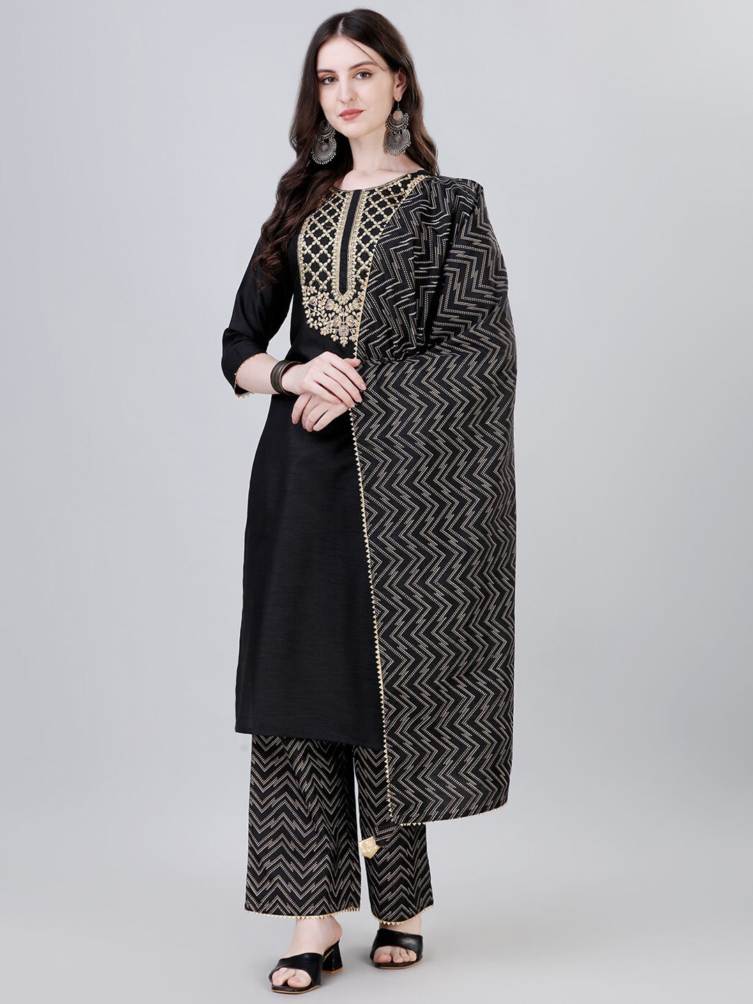 

Modestouze Attires Ethnic Motifs Yoke Design Thread Work Kurta With Palazzo & Dupatta, Black