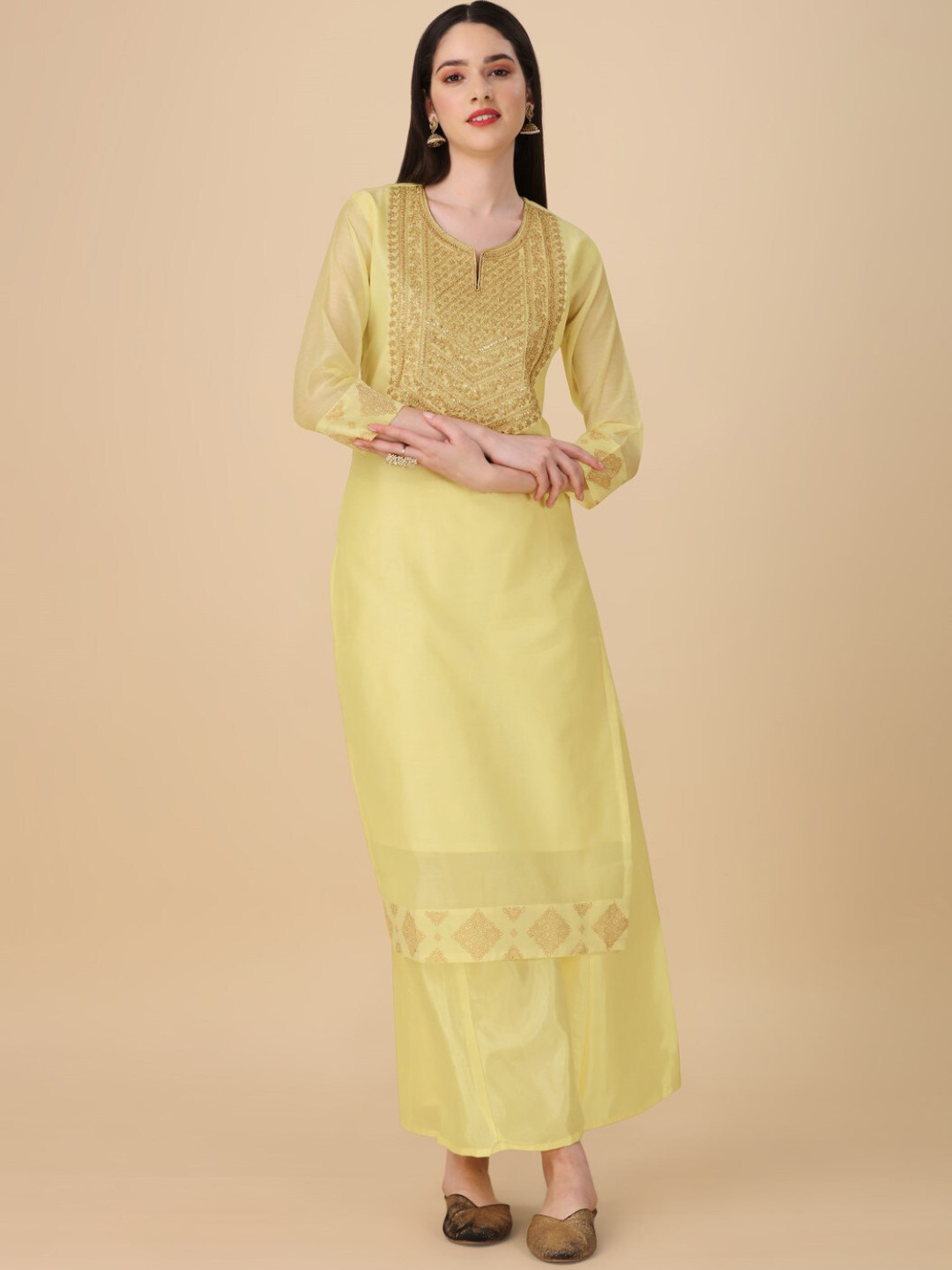 

Modestouze Attires Ethnic Motifs Yoke Design Chanderi Silk Kurta With Palazzos & Dupatta, Yellow