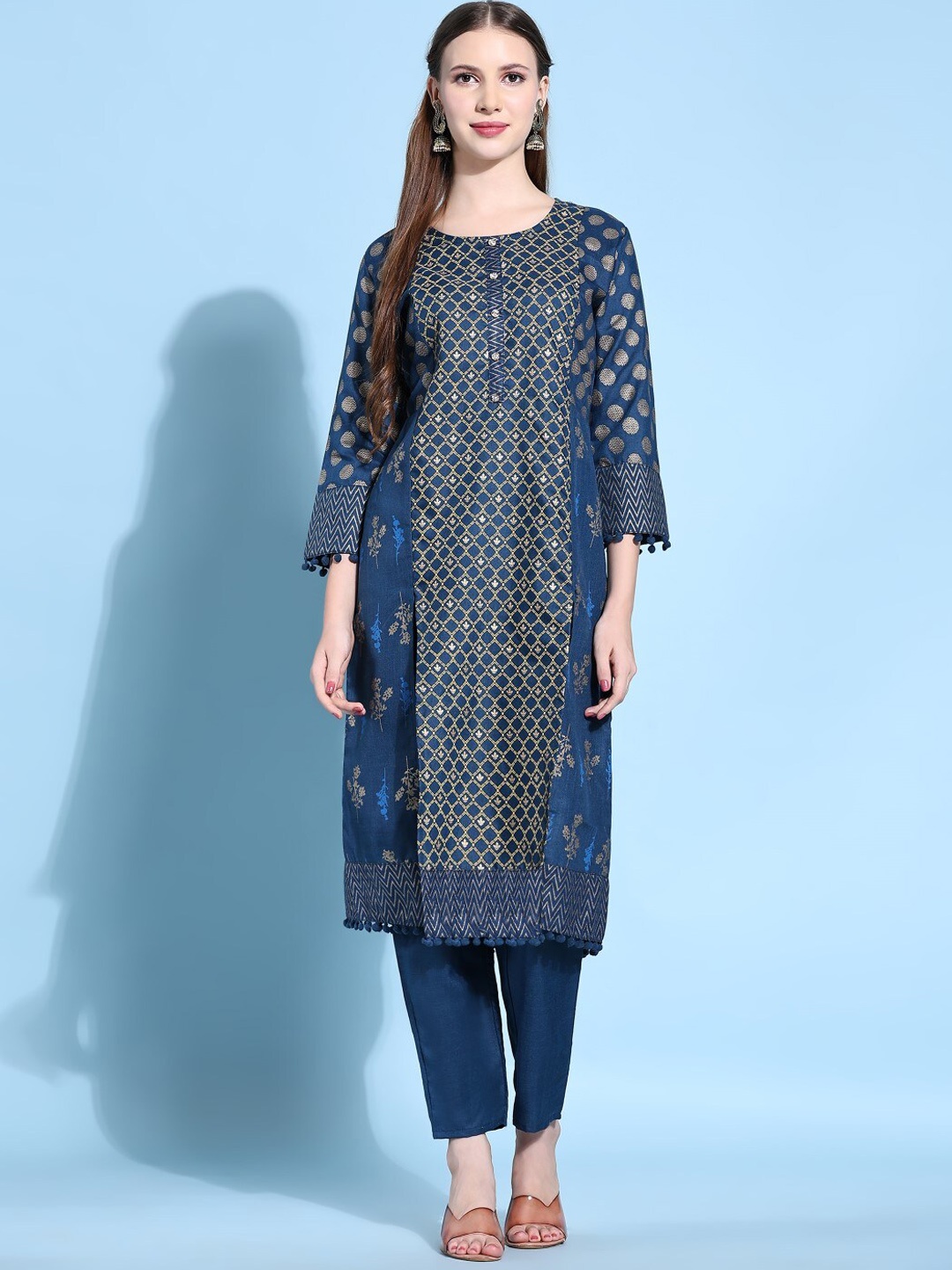 

Modestouze Attires Ethnic Motifs Printed Thread Work Kurta with Trousers, Teal
