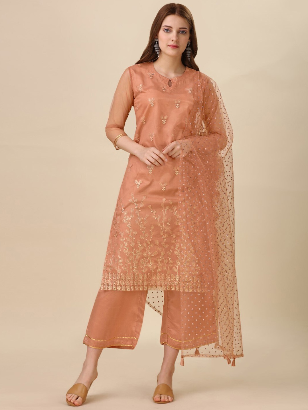 

Modestouze Attires Ethnic Motifs Embroidered Net Straight Kurta & Palazzos With Dupatta, Orange