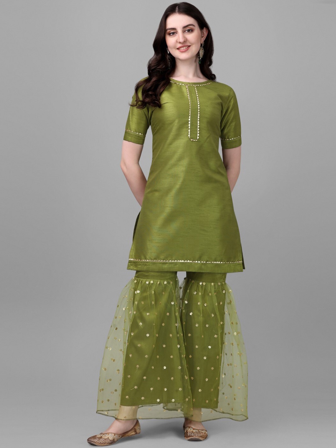 

Modestouze Attires Boat Neck Straight Kurta & Sharara With Dupatta, Green