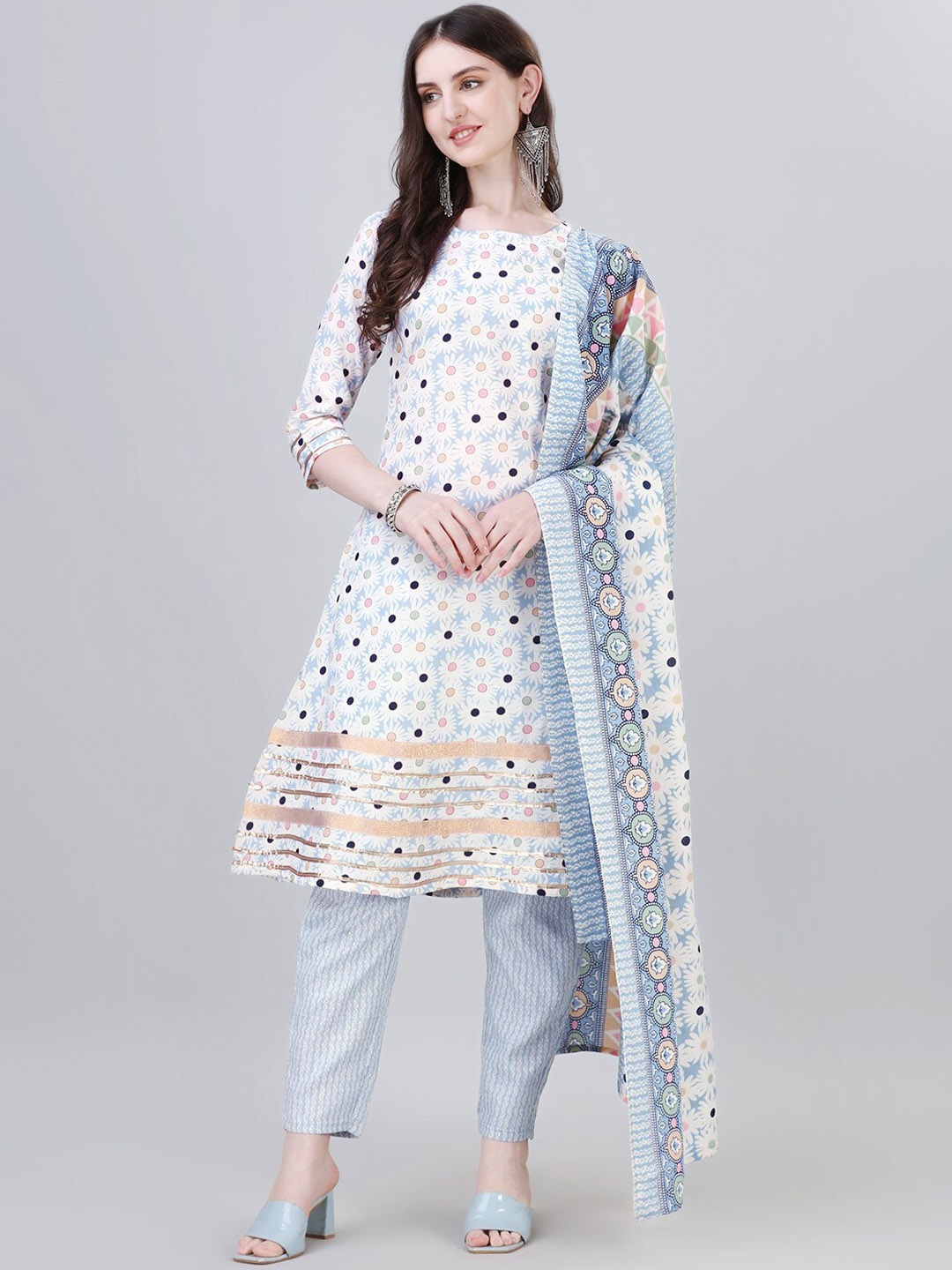 

Modestouze Attires Floral Printed Pastels A-Line Kurta & Trousers With Dupatta, Blue
