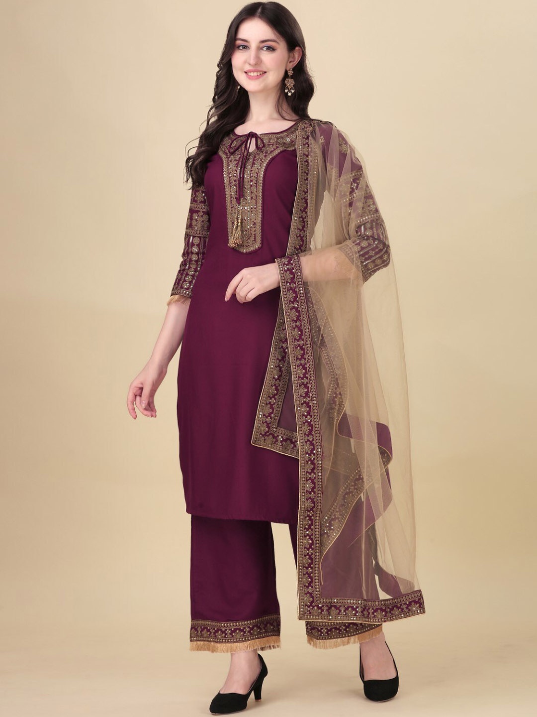 

Modestouze Attires Ethnic Motifs Embroidered Straight Kurta & Palazzos With Dupatta, Purple