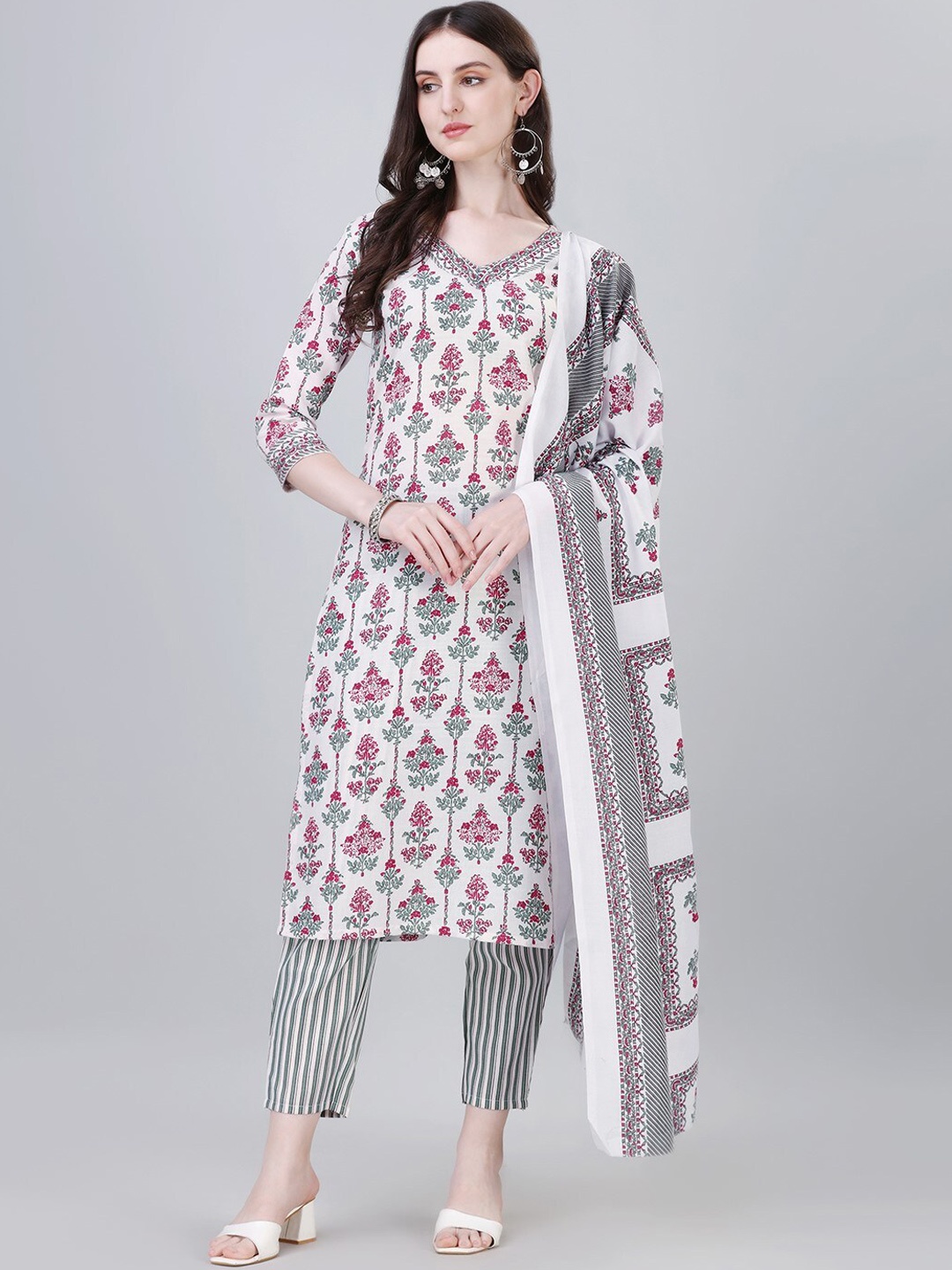 

Modestouze Attires Ethnic Motifs Printed V-Neck Kurta with Trousers & Dupatta, White