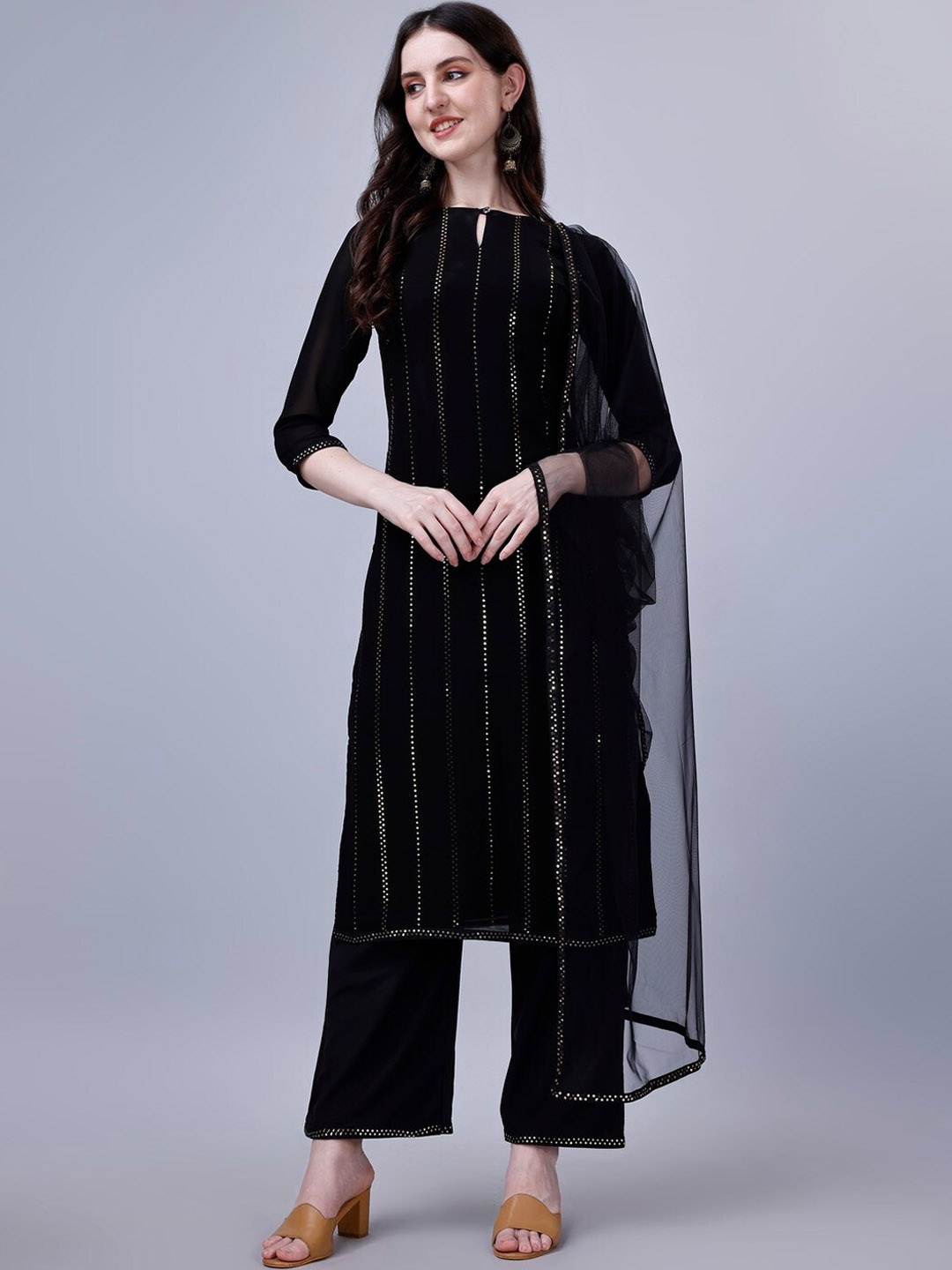 

Modestouze Attires Embroidered Mukaish Keyhole Neck Kurta with Palazzos & Dupatta, Black