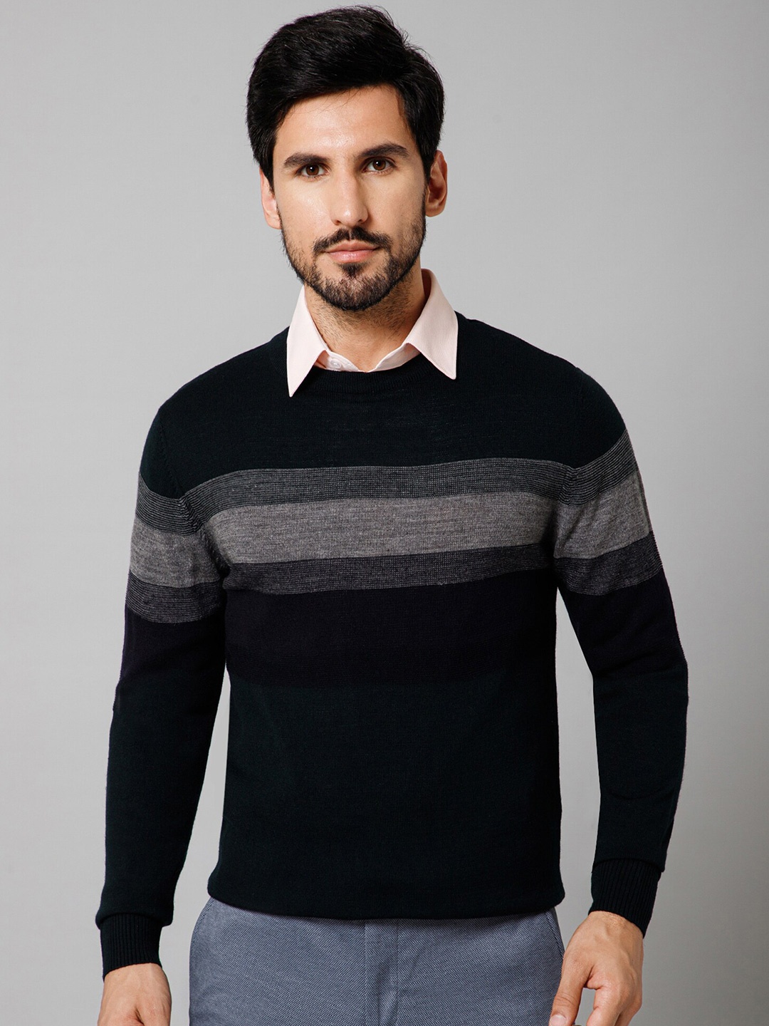 

Cantabil Striped Cotton Pullover, Navy blue