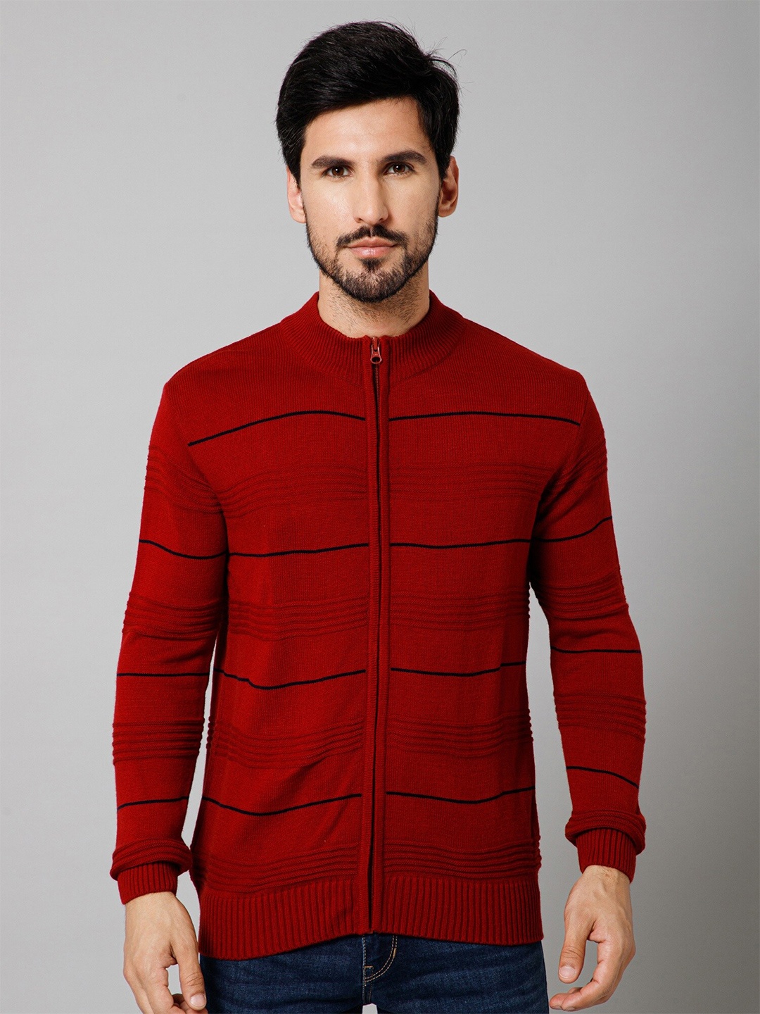 

Cantabil Striped Mock Collar Acrylic Front-Open Sweater, Red