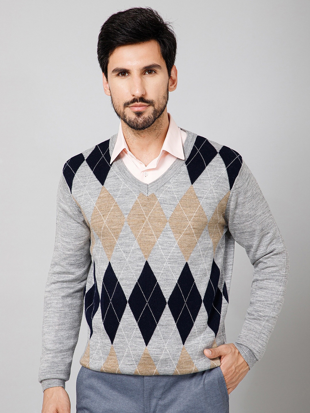 

Cantabil Argyle Printed V-Neck Acrylic Pullover, Black