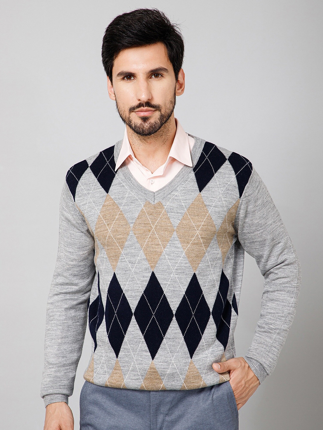 

Cantabil Argyle Printed V-Neck Acrylic Pullover, Grey