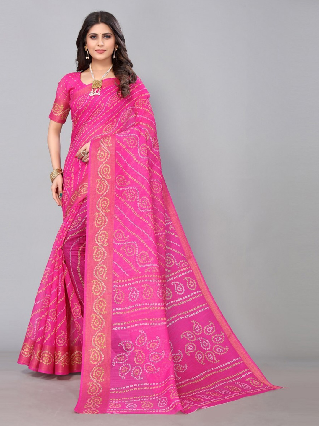 

KALINI Bandhani Printed Zari Saree, Pink