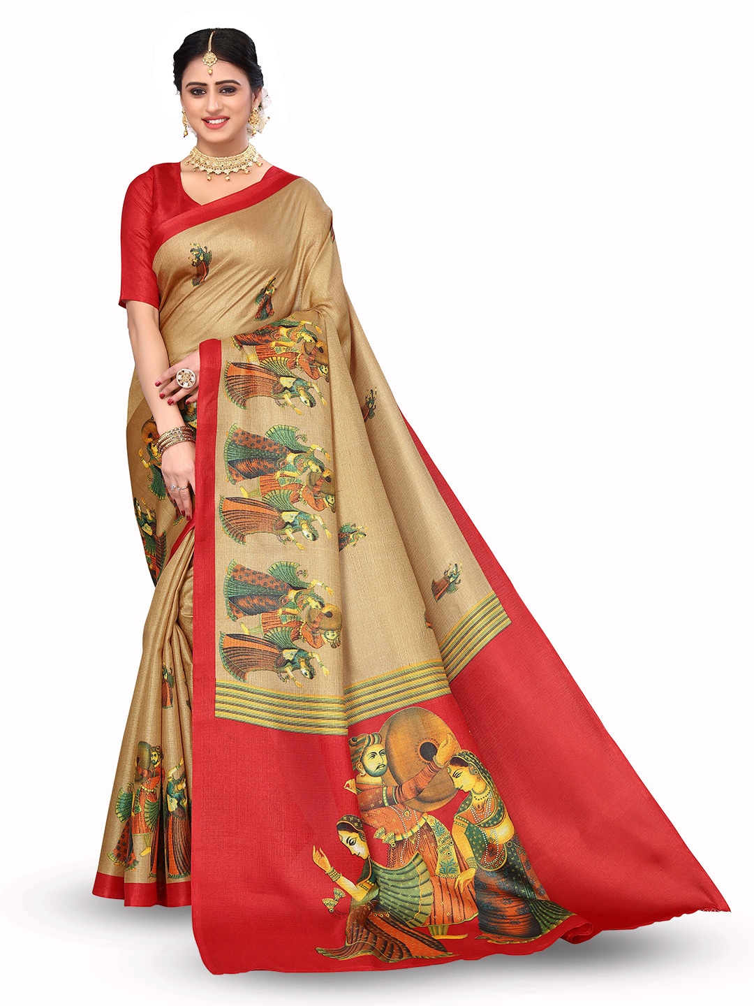 

KALINI Ethnic Motifs Printed Zari Kanjeevaram Saree, Beige