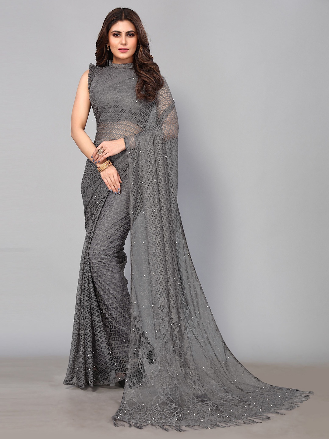 

KALINI Grey & White Woven Design Beads and Stones Brasso Saree