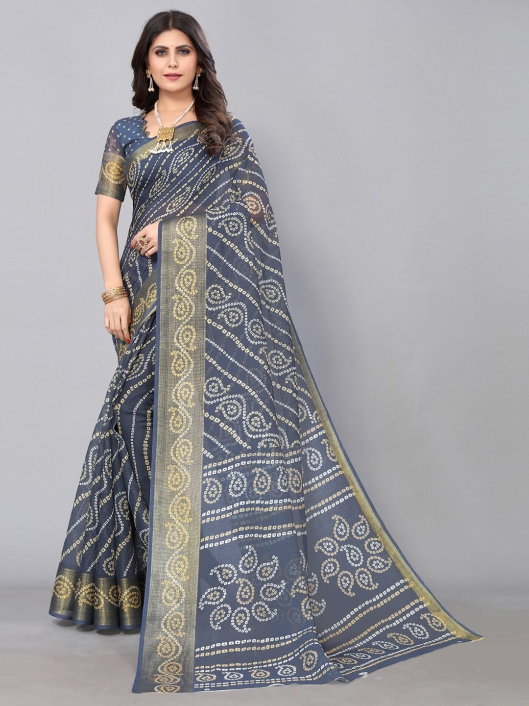 

KALINI Bandhani Printed Zari Bandhani Saree, Grey