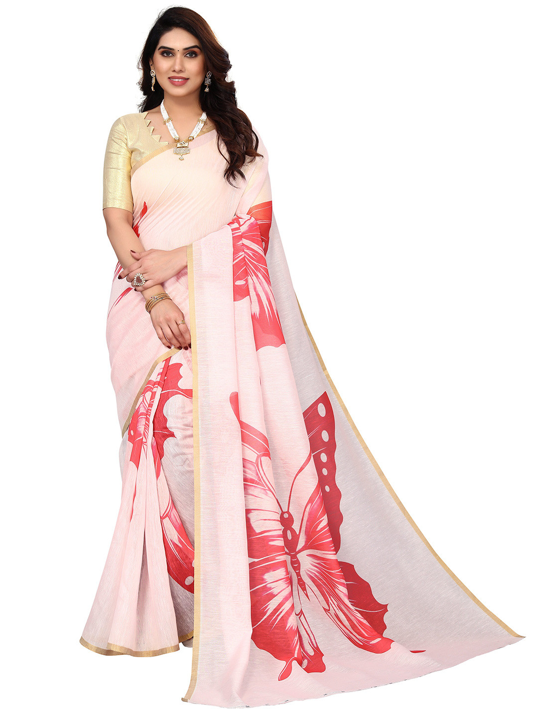 

KALINI Ethnic Motifs Printed Organza Saree, Pink