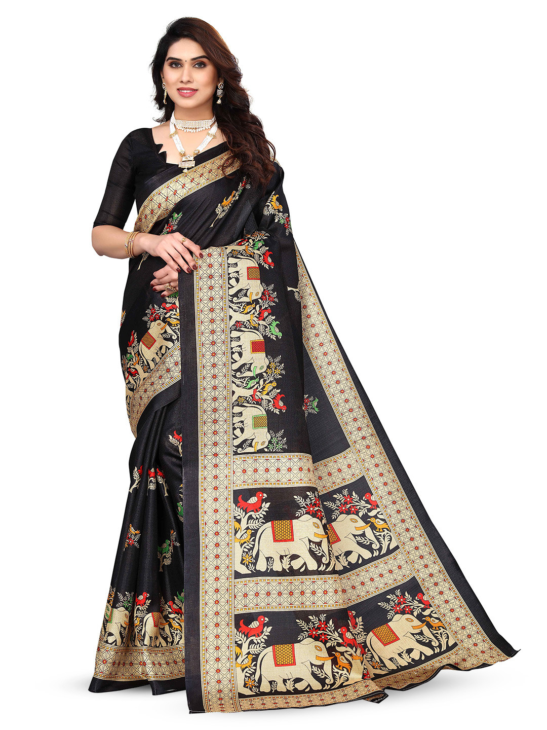 

KALINI Ethnic Motifs Printed Zari Saree, Black