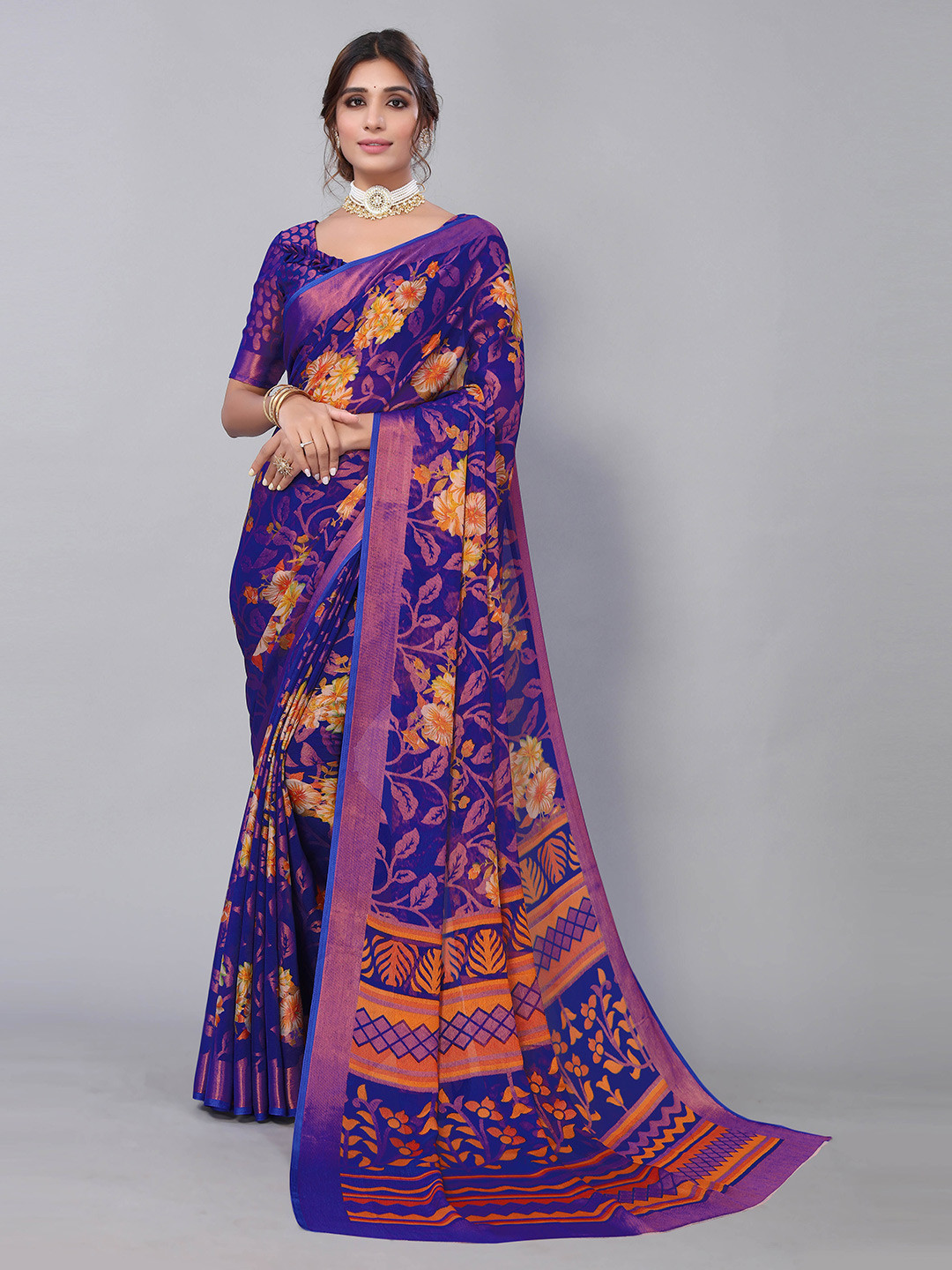 

KALINI Floral Printed Zari Brasso Saree, Blue