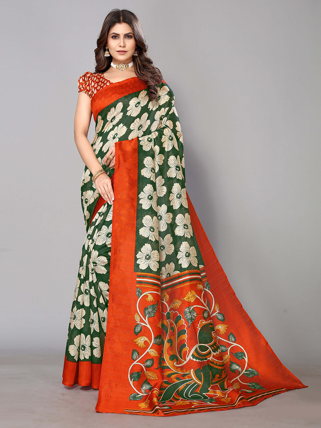 

KALINI Floral Printed Saree, Orange