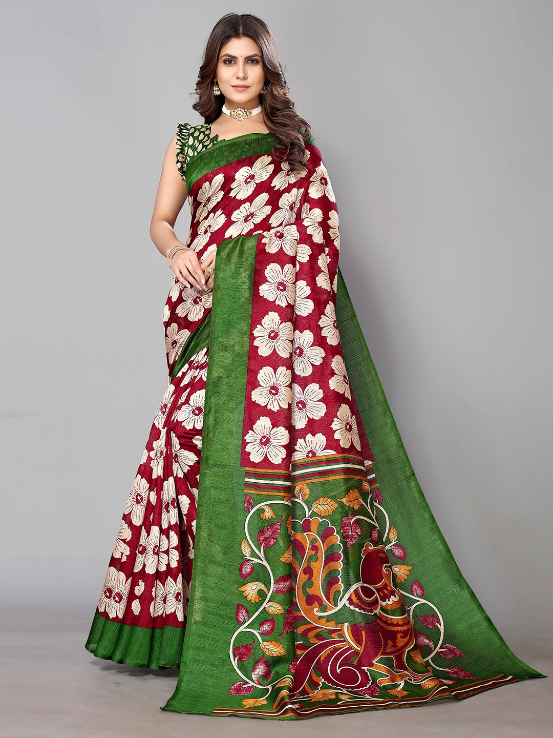 

KALINI Ethnic Motifs Printed Art Silk Banarasi Saree, Green