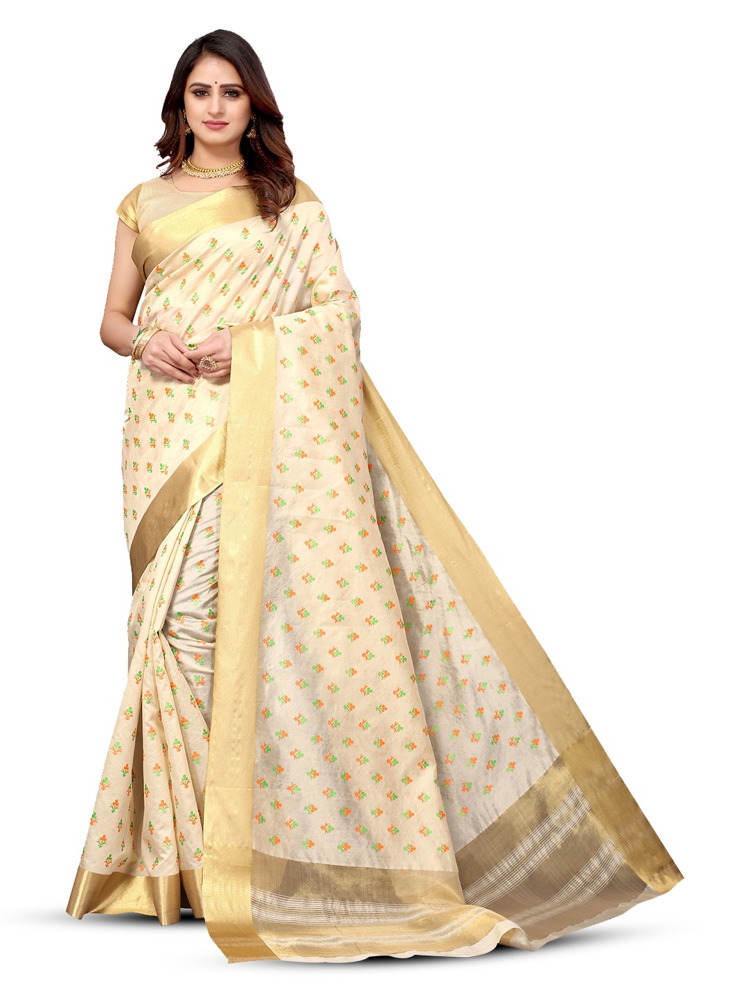

KALINI Ethnic Motifs Printed Zari Saree, Cream