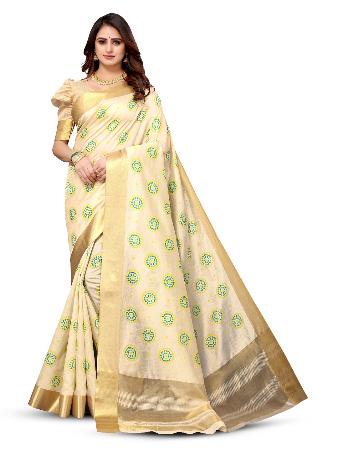 

KALINI Ethnic Motifs Printed Zari Saree, Cream