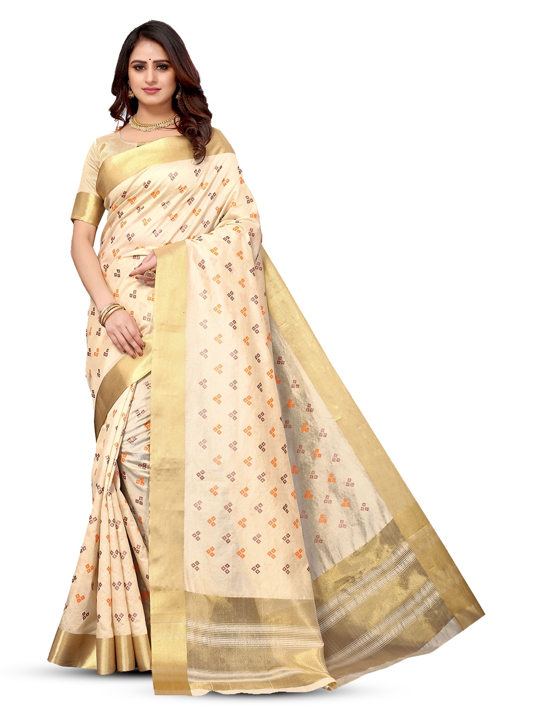

KALINI Ethnic Motifs Printed Zari Saree, Cream
