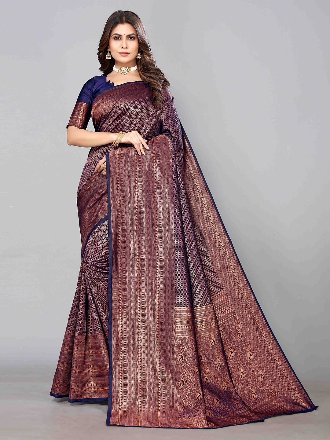 

KALINI Geometric Woven Design Zari Saree, Navy blue