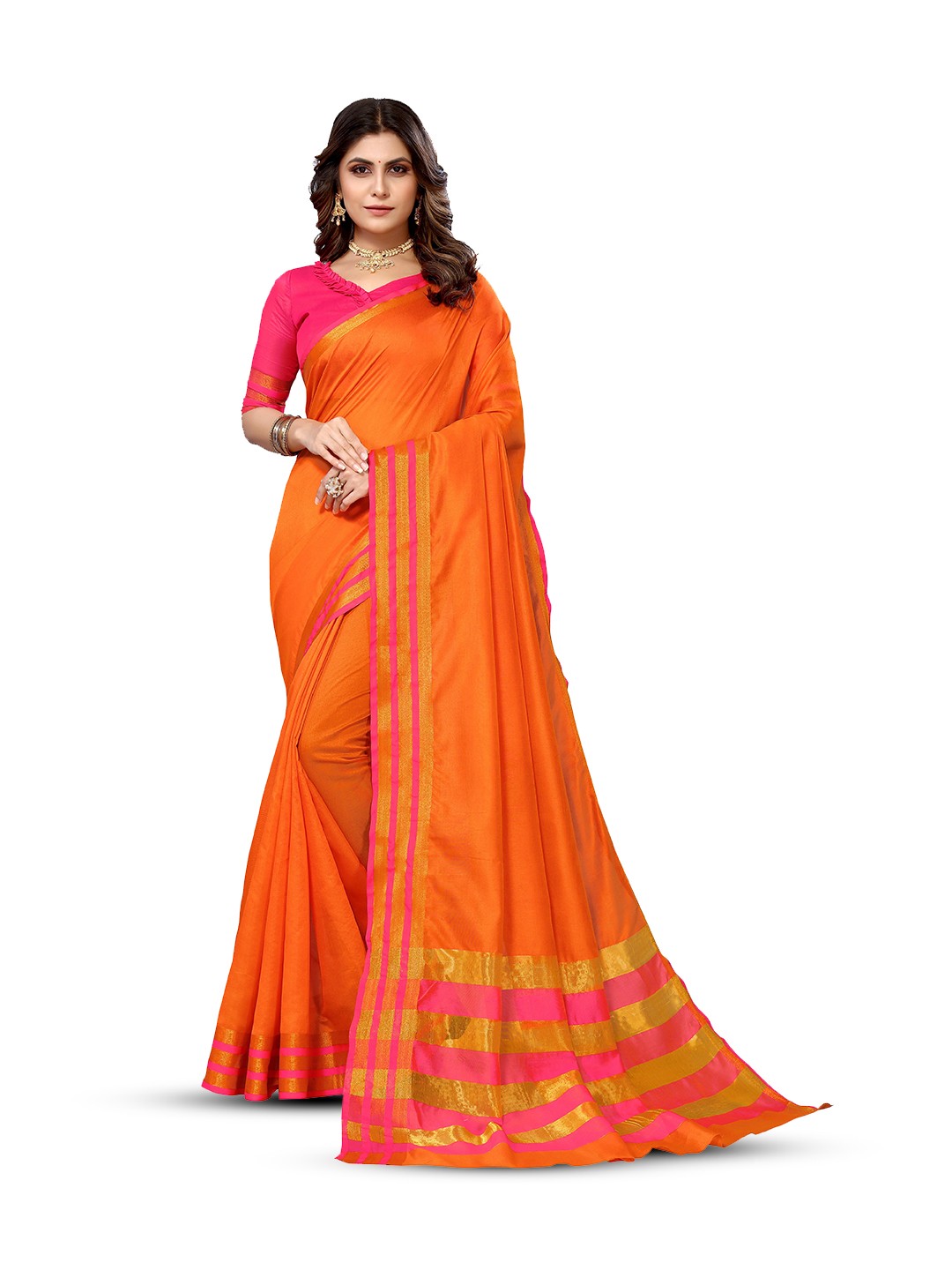 

KALINI Zari Maheshwari Saree, Orange
