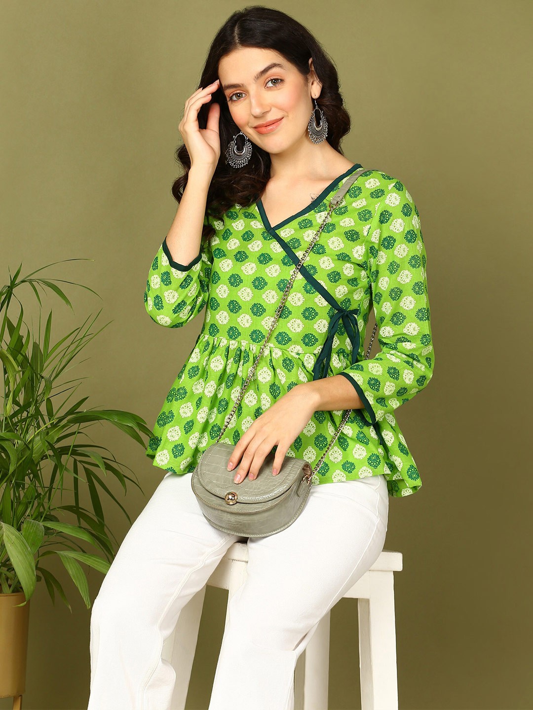 

Sangria Ethnic Motifs Printed Cotton Peplum Top, Green