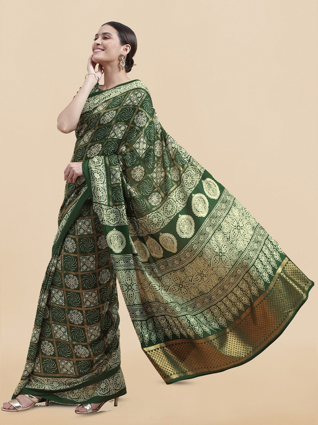 

MIRCHI FASHION Ethnic Motifs Printed Zari Pashmina Patola Saree, Green