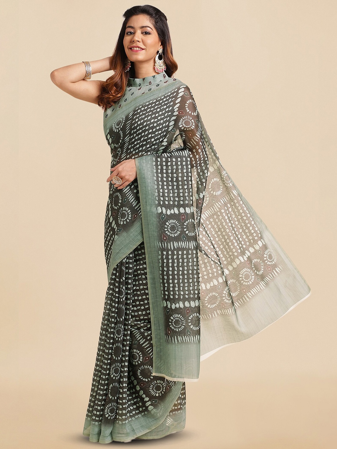 

MIRCHI FASHION Ethnic Motifs Pure Cotton Block Print Saree, Grey