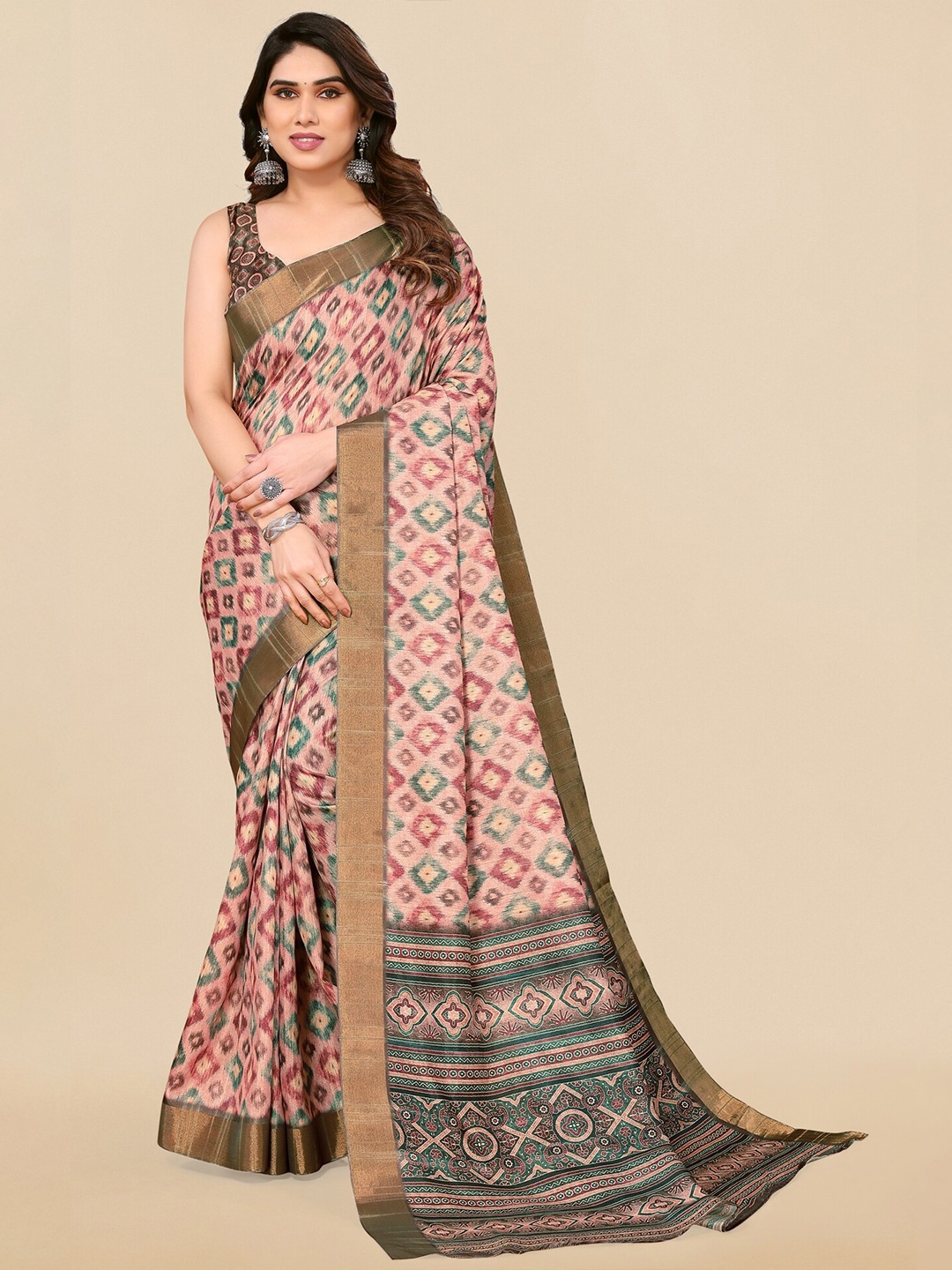 

MIRCHI FASHION Ethnic Motifs Printed Zari Ikat Saree, Pink