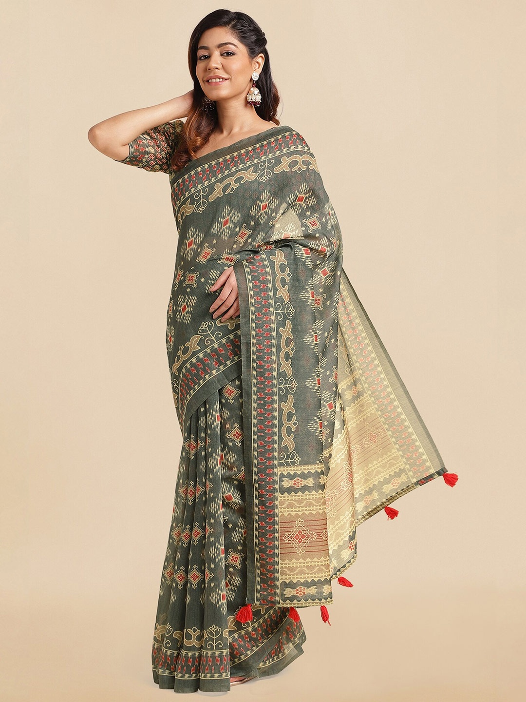 

MIRCHI FASHION Ethnic Motifs Printed Pure Cotton Ikat Saree, Green