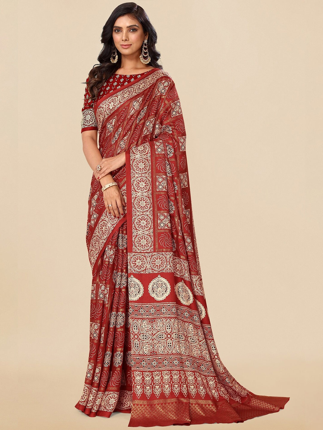 

MIRCHI FASHION Ethnic Motifs Printed Zari Pashmina Patola Saree, Maroon