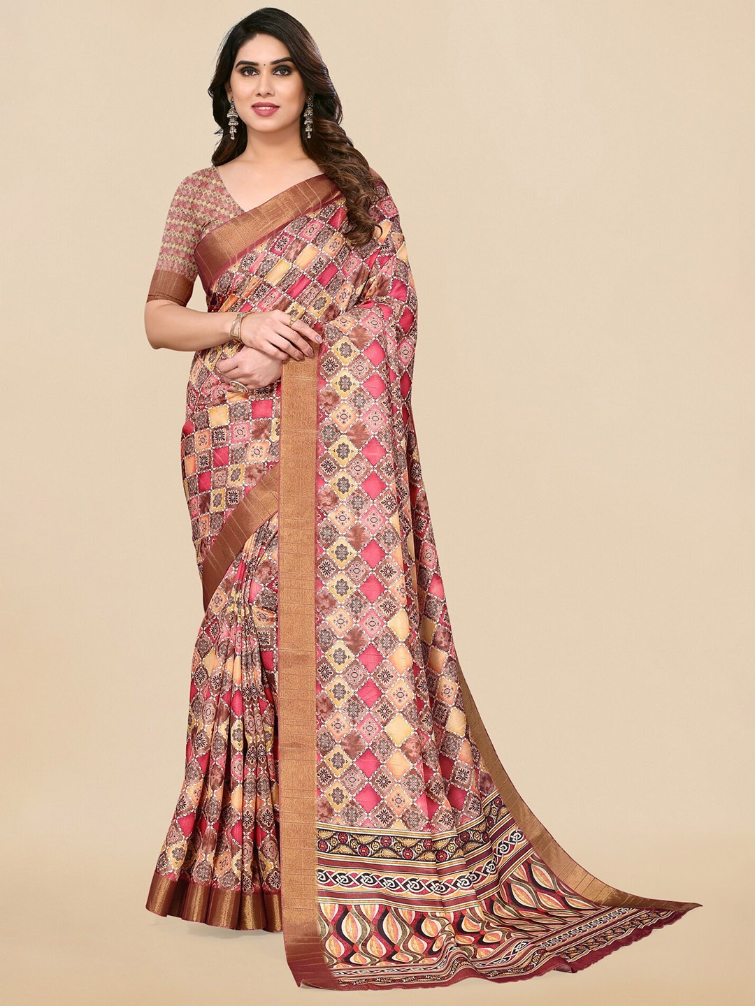 

MIRCHI FASHION Ethnic Motifs Printed Zari Saree, Pink