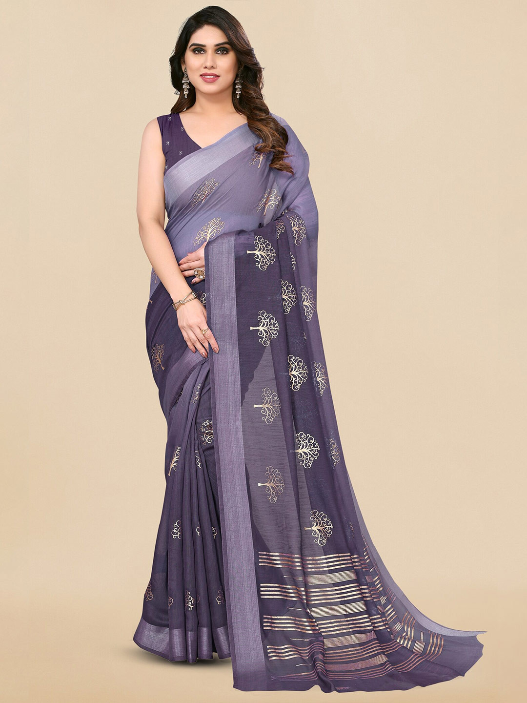 

MIRCHI FASHION Ethnic Motifs Pure Cotton Block Print Saree, Purple