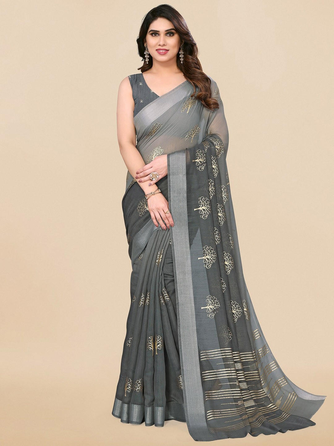 

MIRCHI FASHION Ethnic Motifs Printed Zari Saree, Grey