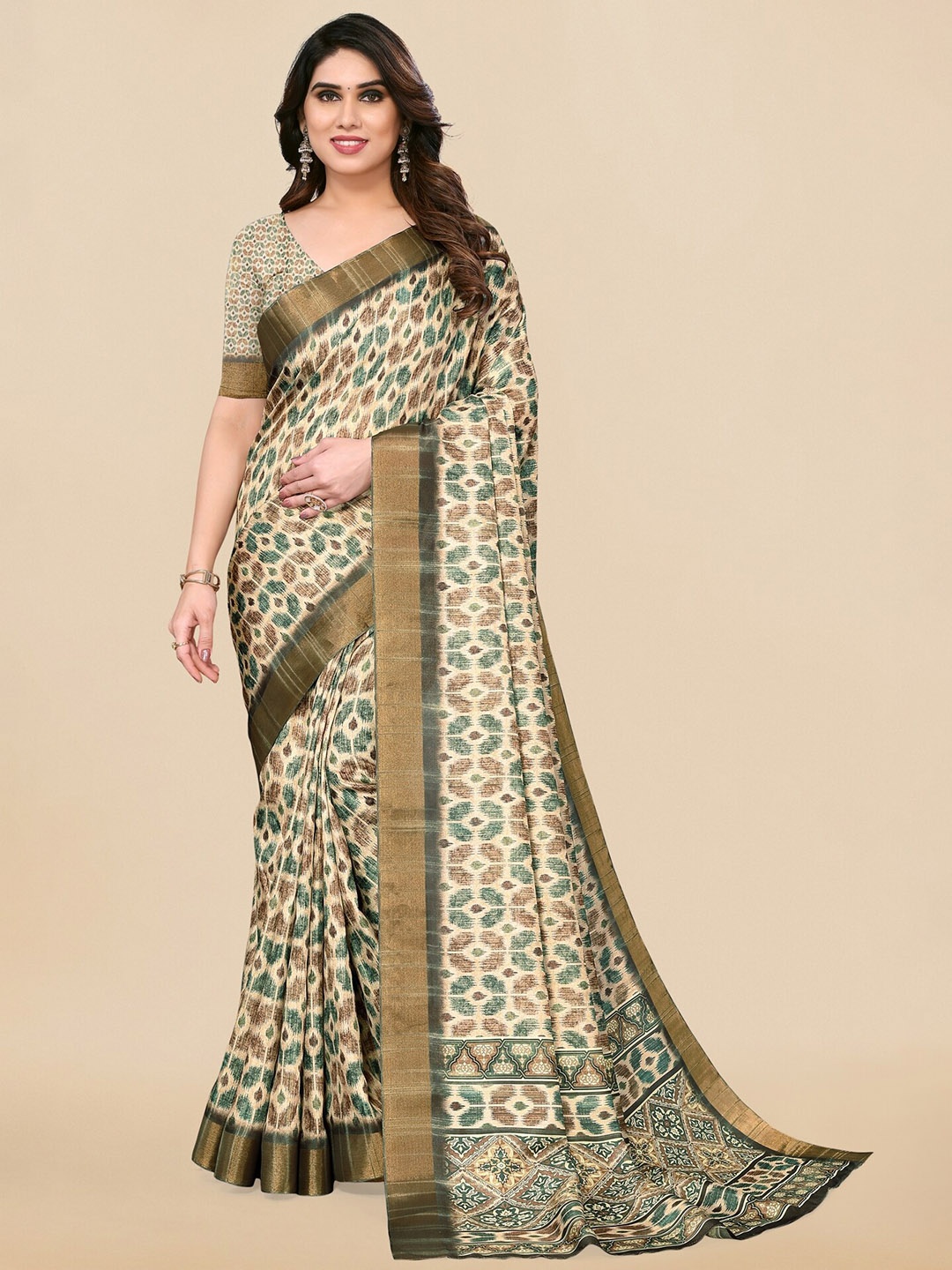 

MIRCHI FASHION Ethnic Motifs Printed Zari Ikat Saree, Beige