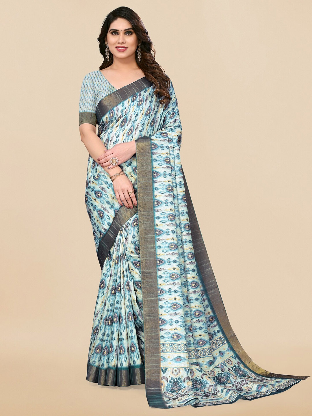 

MIRCHI FASHION Ethnic Motifs Printed Zari Ikat Saree, Blue