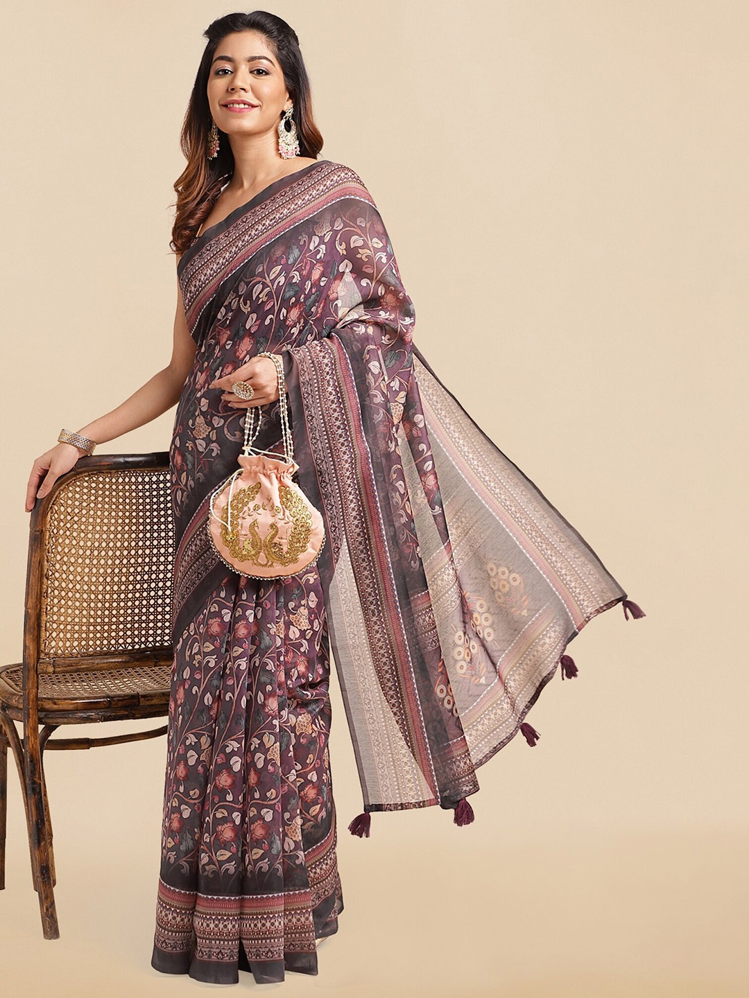 

MIRCHI FASHION Kalamkari Printed Pure Cotton Saree, Purple