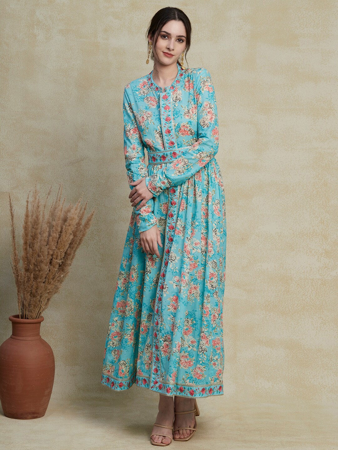 

FASHOR Blue Floral Printed Mandarin Collar Cotton Embroidered Tie-Up Maxi Ethnic Dress