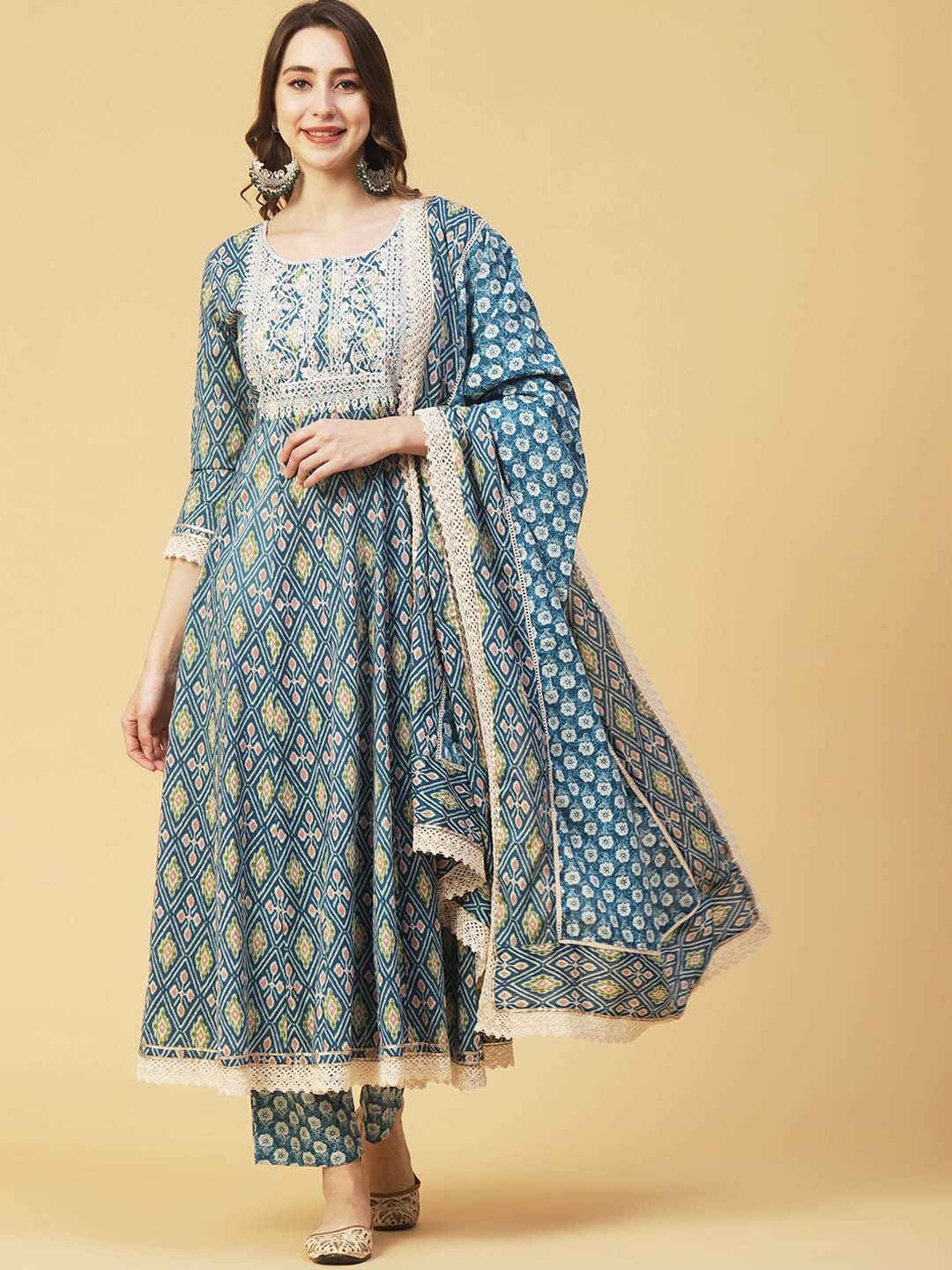 

FASHOR Blue Ethnic Motifs Printed Thread Work Pure Cotton Kurta & Trousers With Dupatta