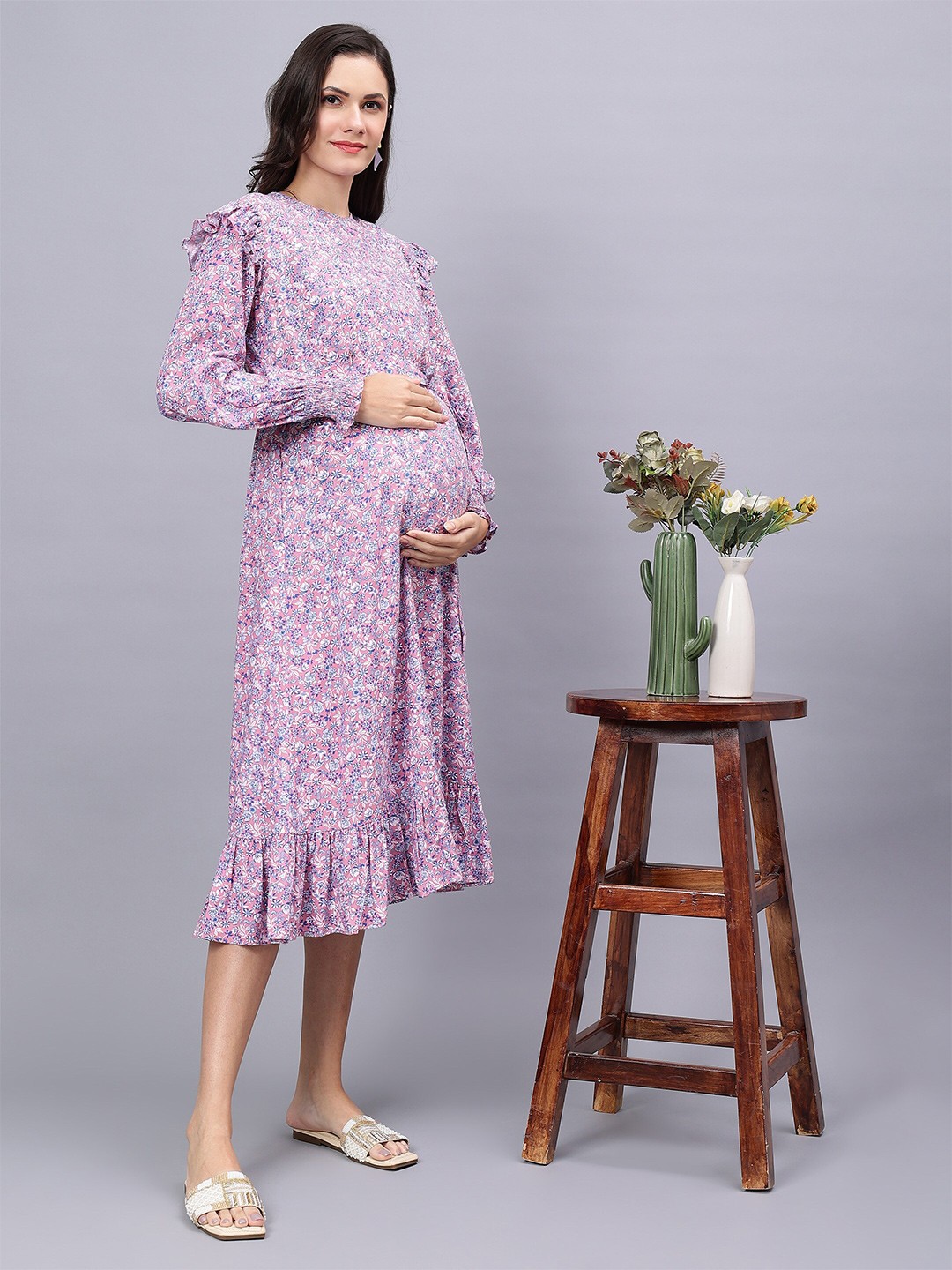 

Miga by Shaberry Floral Printed Square Neck Ruffles Detail Maternity A-Line Dress, Pink