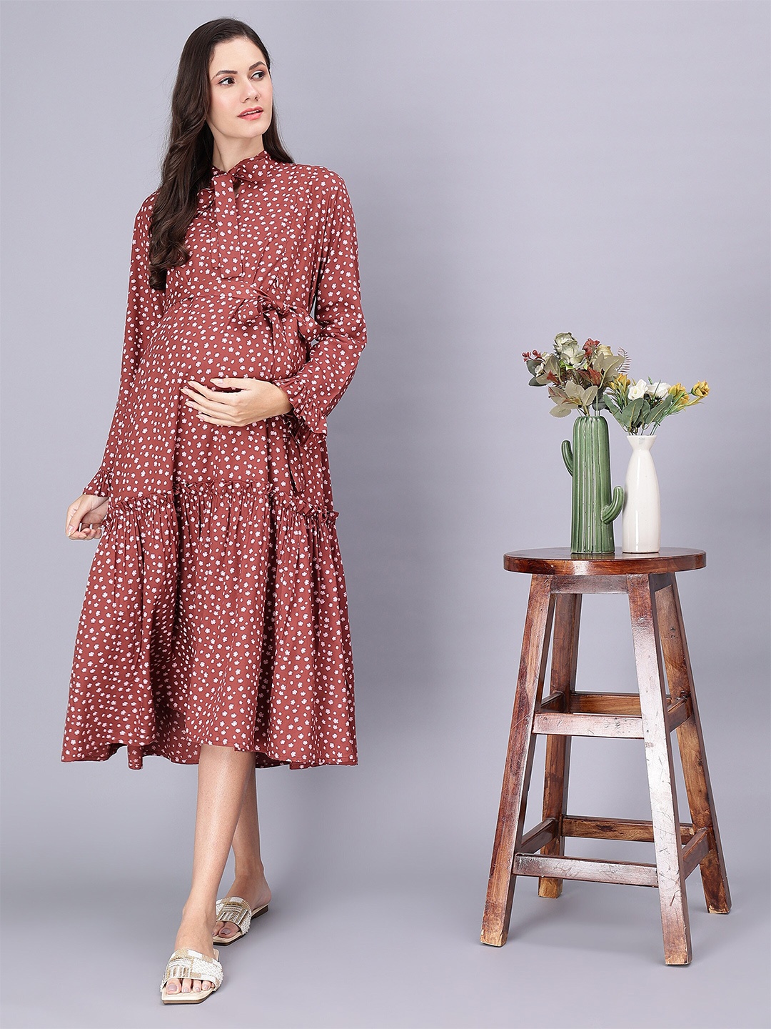

Miga by Shaberry Floral Printed Tie-Up Neck Ruffles Detail Maternity A-Line Dress, Red