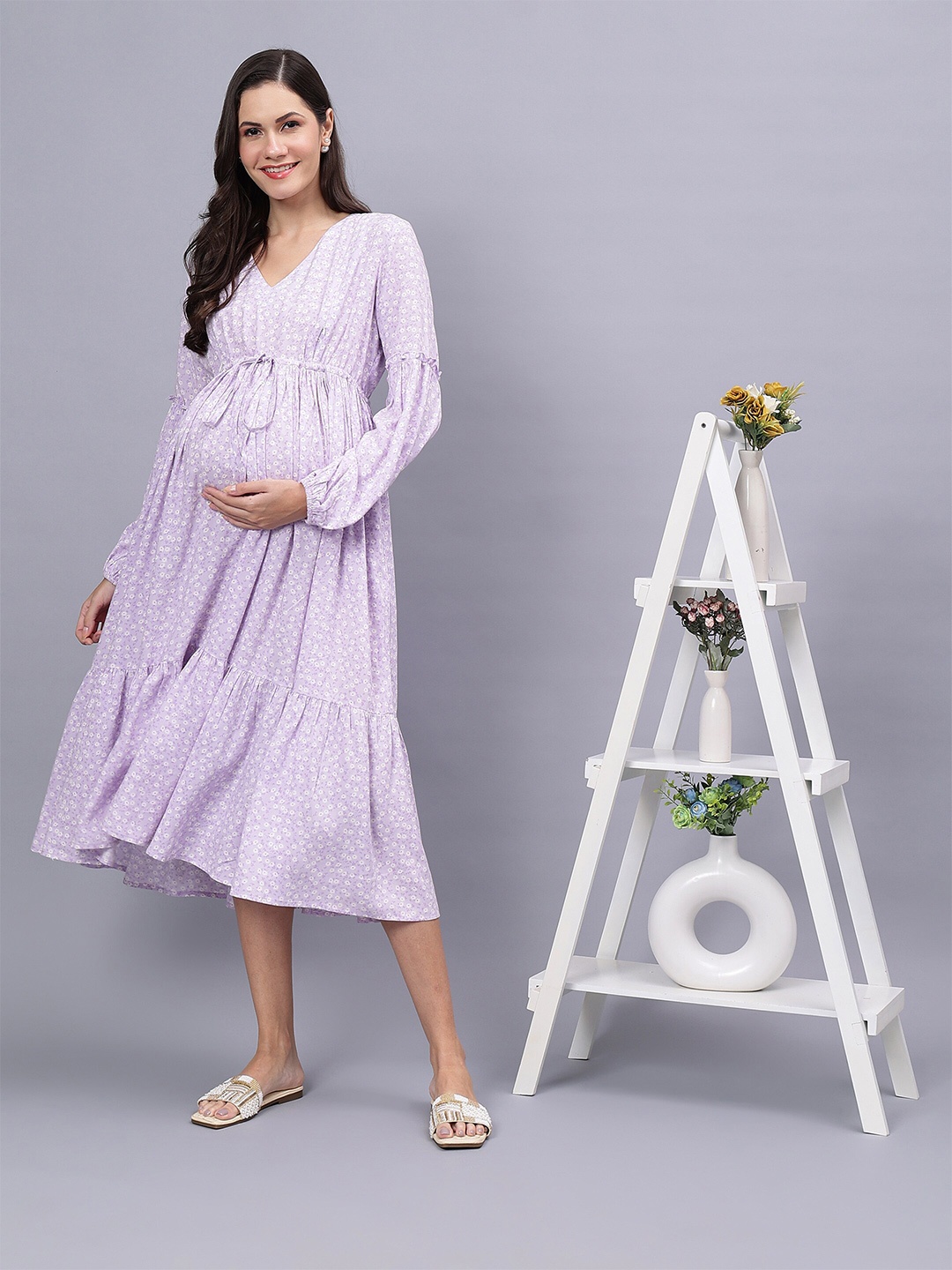 

Miga by Shaberry Floral Printed V-Neck Ruffles Detail Maternity A-Line Dress, Purple