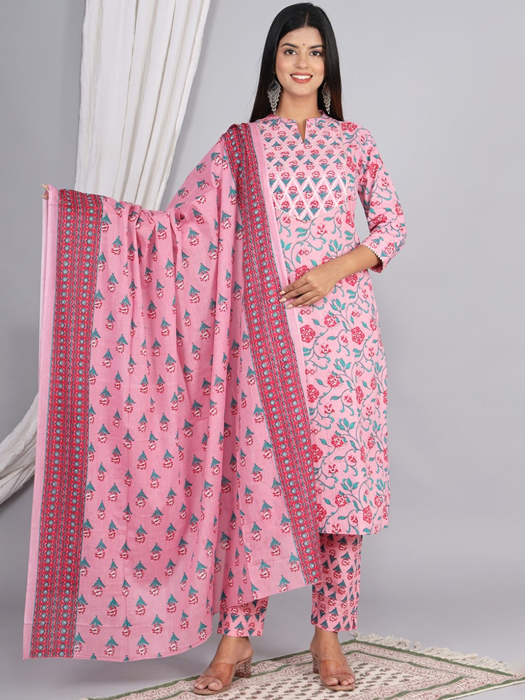 

AARYAHI Floral Printed Gotta Patti Pure Cotton Kurta With Trousers & Dupatta, Pink