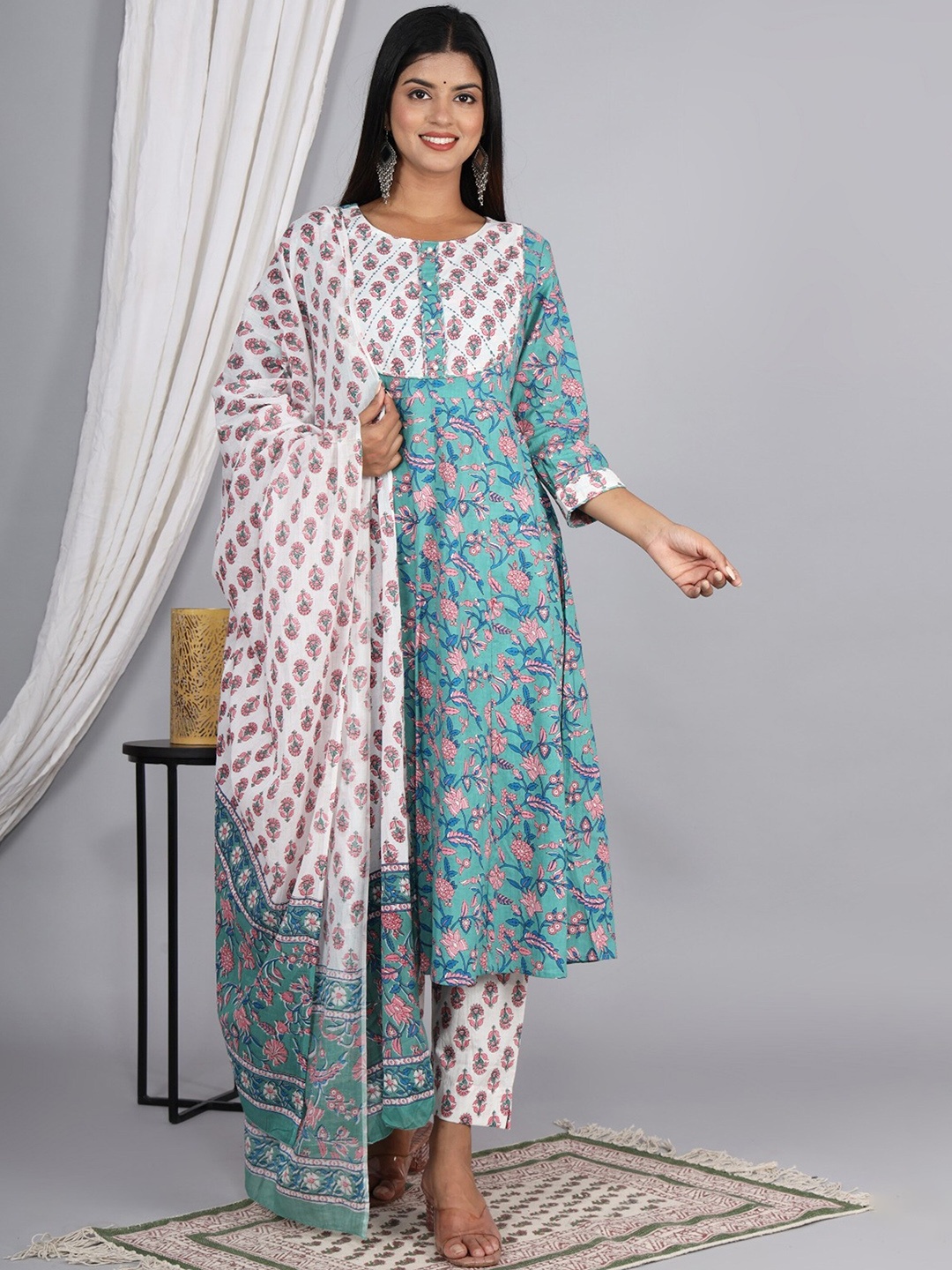 

AARYAHI Floral Printed Pure Cotton Panelled Anarkali Kurta With Trousers & Dupatta, Blue