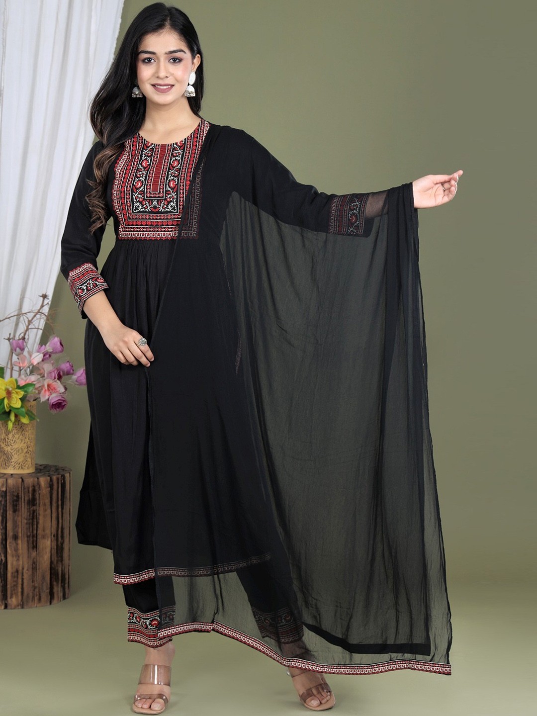 

AARYAHI Ethnic Motifs Printed Pleated A-Line Kurta With Trousers & Dupatta, Black