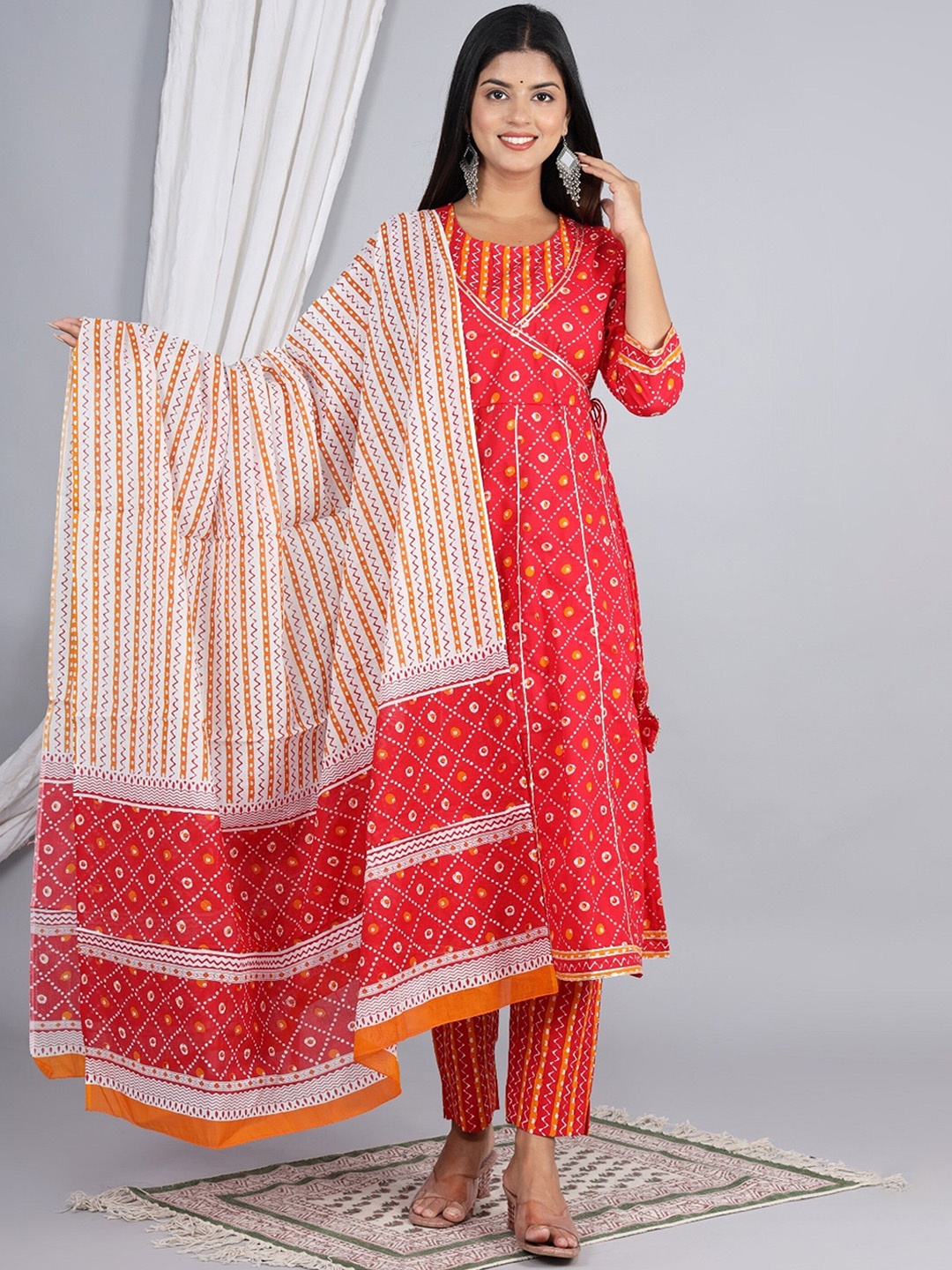 

AARYAHI Geometric Printed Gotta Patti Pure Cotton Angrakha Kurta With Trousers & Dupatta, Red